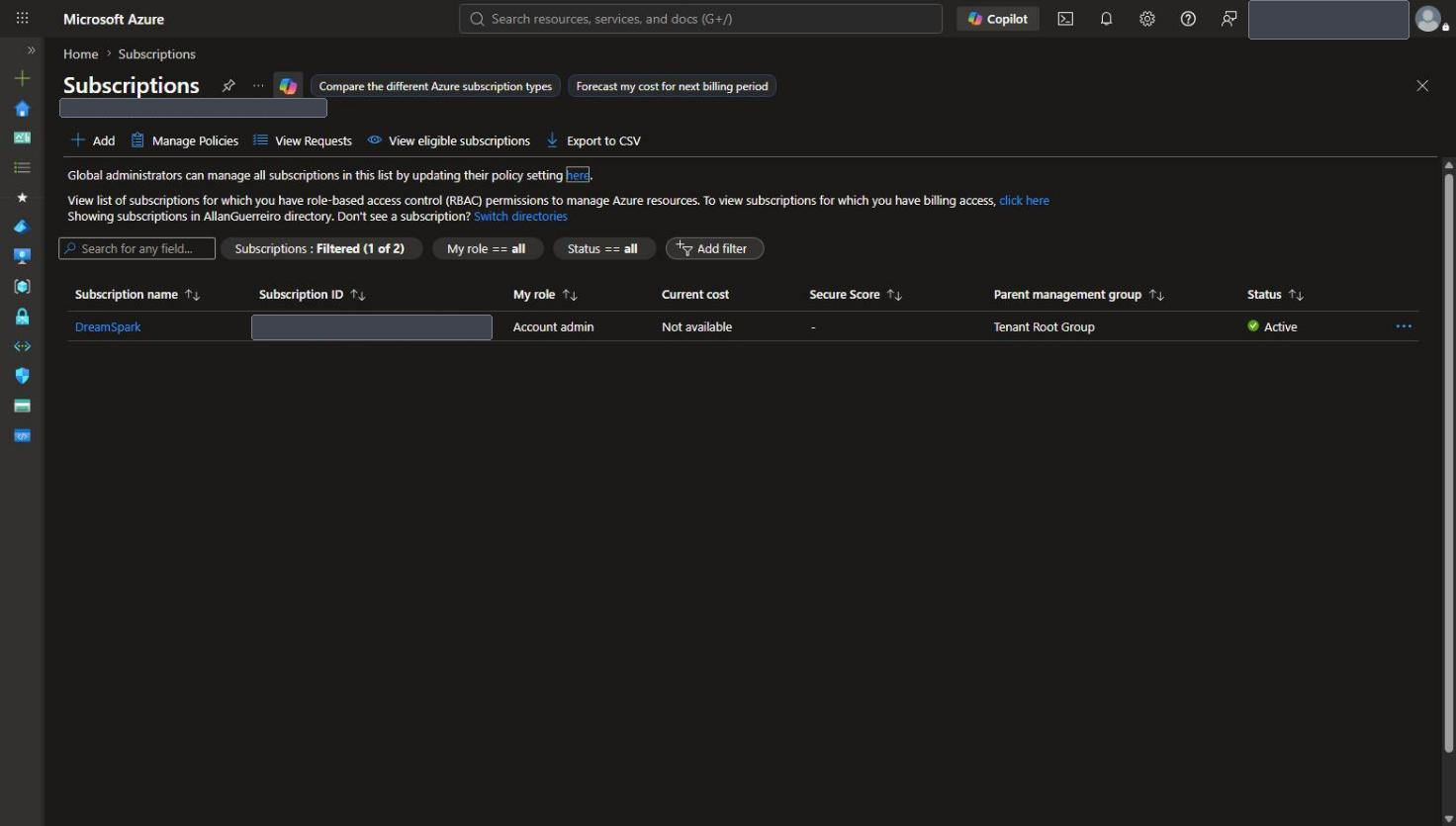Azure-Portal: Abonnement-Ansicht mit anonymisierter Abonnement-ID